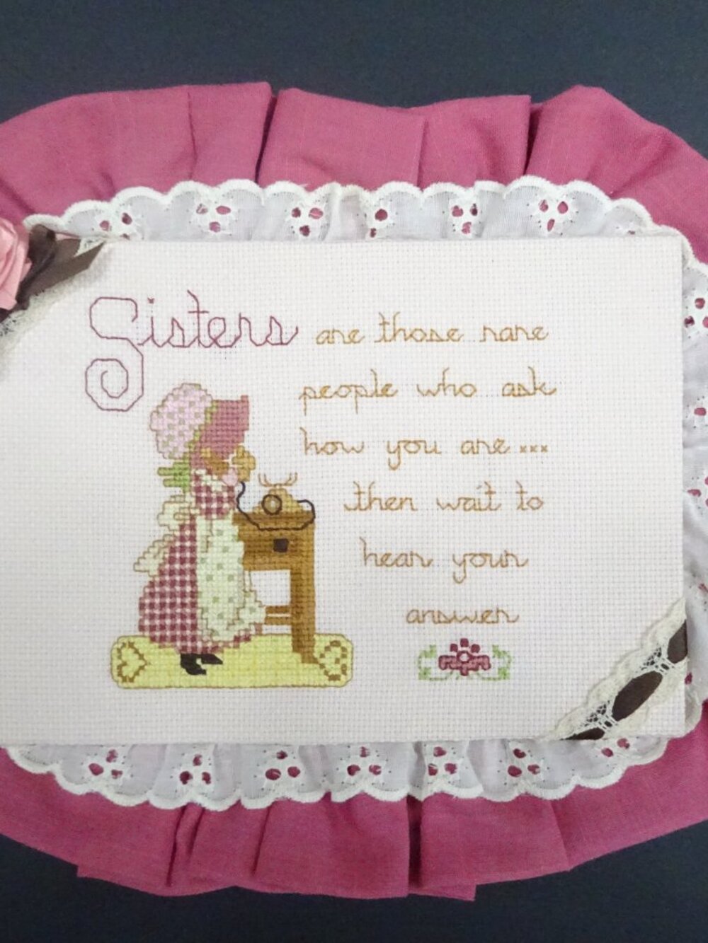 Vintage Handmade Pink Sisters Cross Stitch Wall Hanging